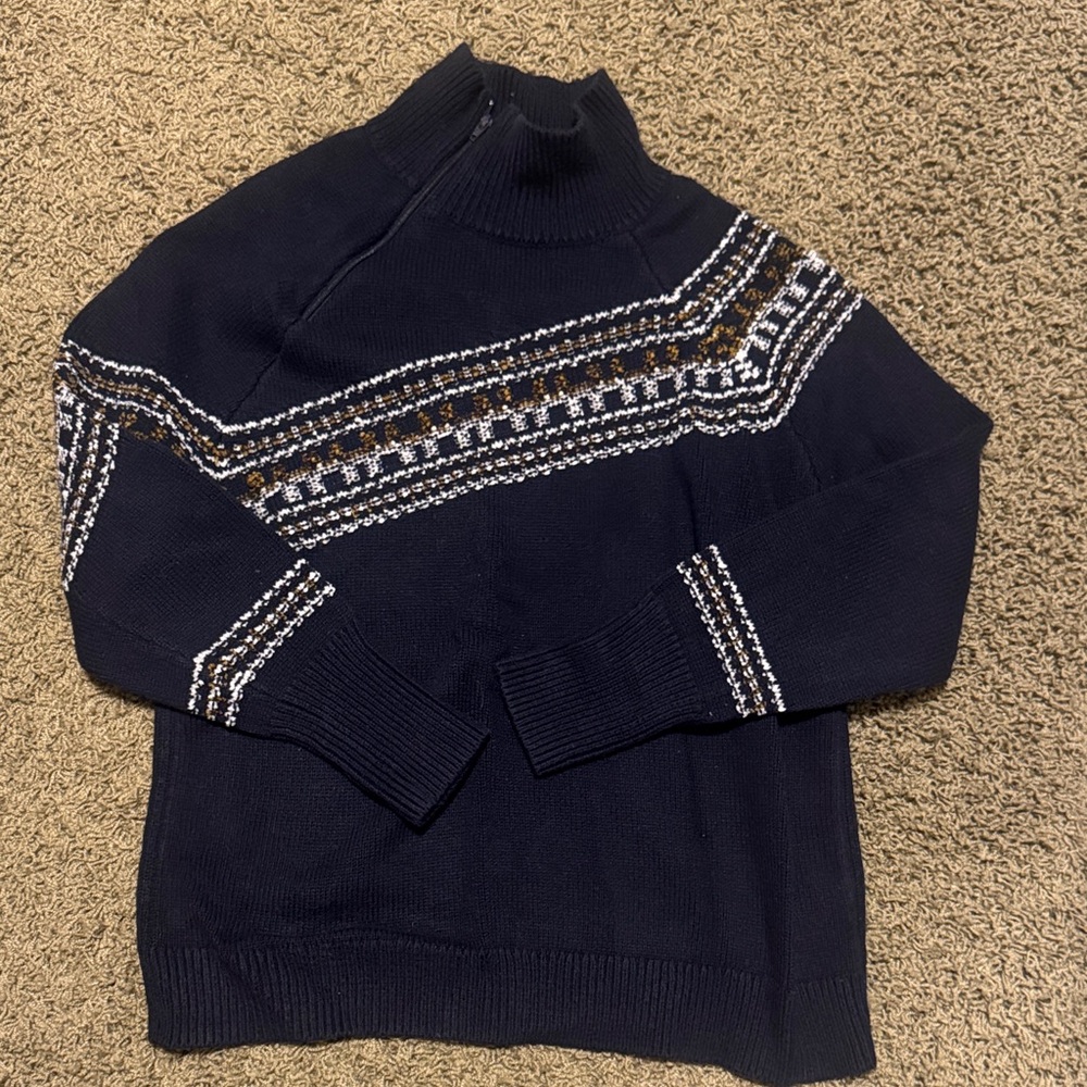 CAbi Navy Zip Neck Sweater with Patterned Design